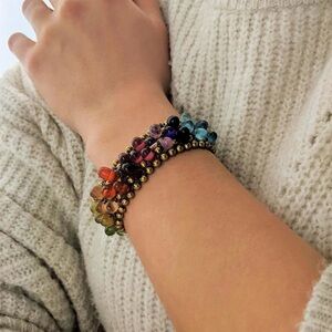 Rainbow Glass Bracelet Indian Style with Bells Brass Beaded Jewelry Brass